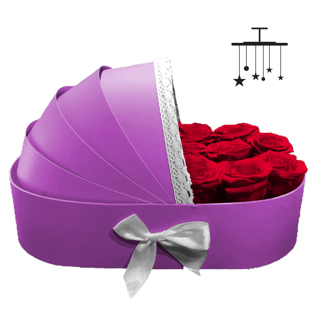 Boite de roses éternelles rouge en forme de berceau